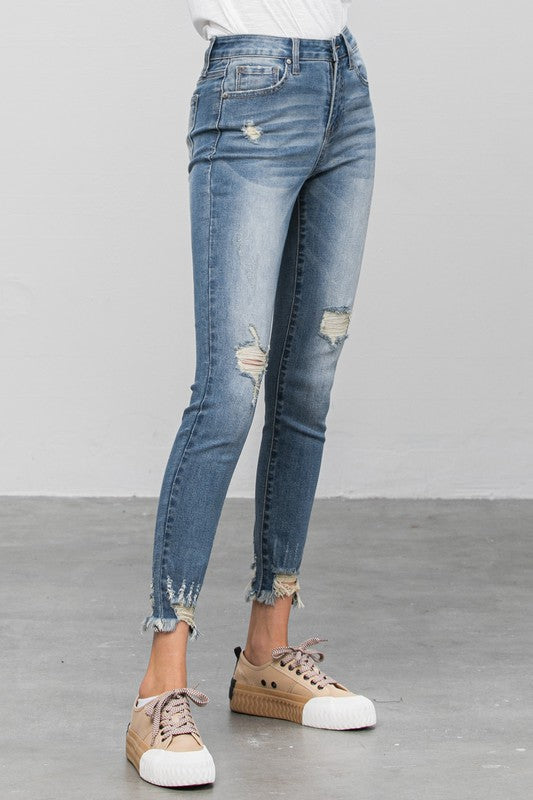 Distressed Raw Hem Skinny Jeans