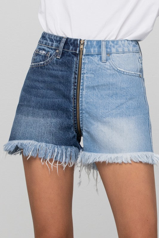 Long Fray Two Tone Denim Shorts