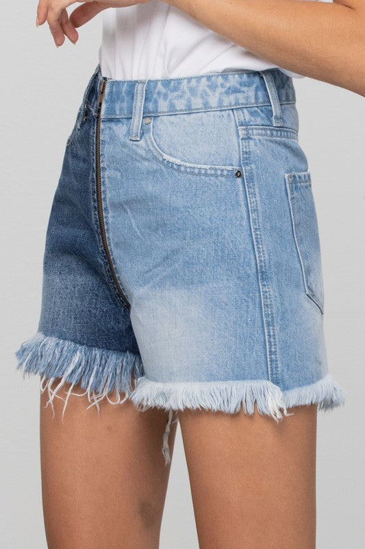 Long Fray Two Tone Denim Shorts