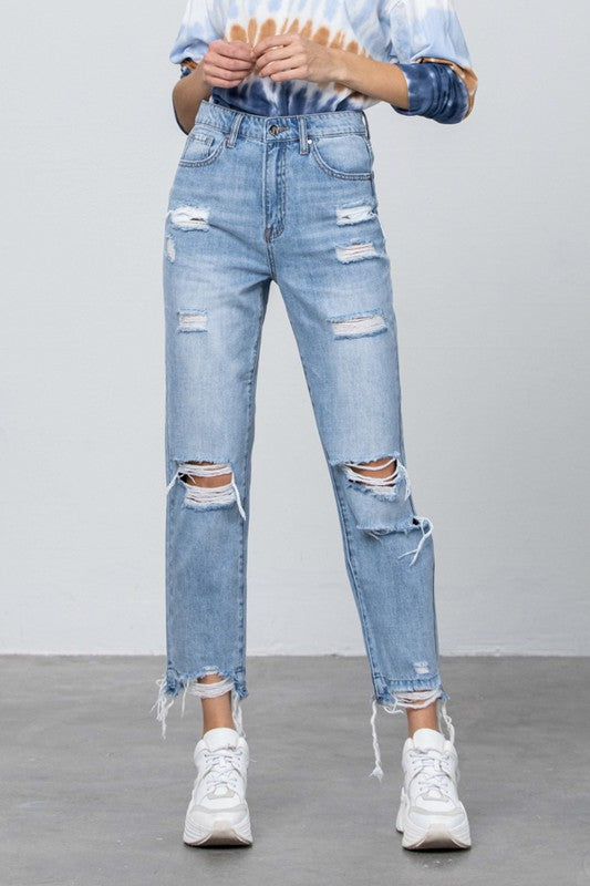 High Waist Ripped Fray Girlfriend Jeans