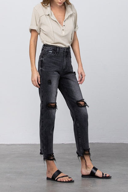 High Rise Ripped Frayed Hem Mom Jeans