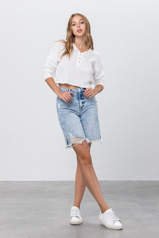 High Rise Frayed Hem Bermuda Denim Shorts