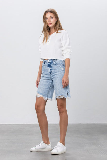 High Rise Frayed Hem Bermuda Denim Shorts