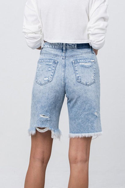 High Rise Frayed Hem Bermuda Denim Shorts