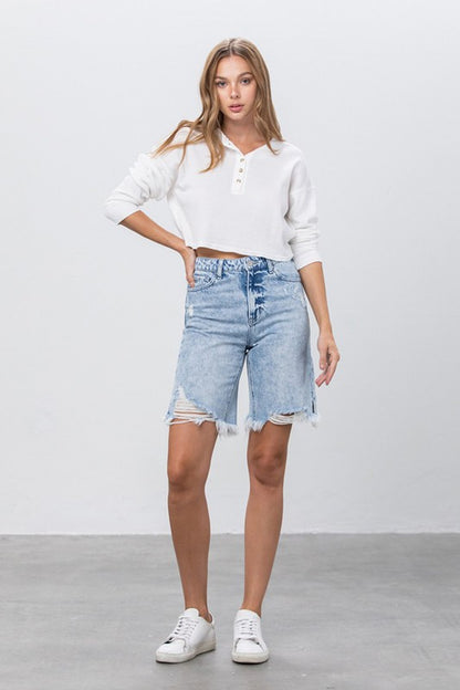 High Rise Frayed Hem Bermuda Denim Shorts