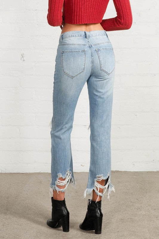 High Waist Ripped Frayed Hem Straight Jeans