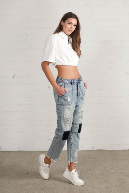 Patched Ripped Frayed Crop Jeans