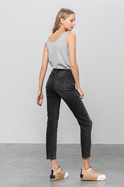 Mid Rise Distressed Straight Jeans