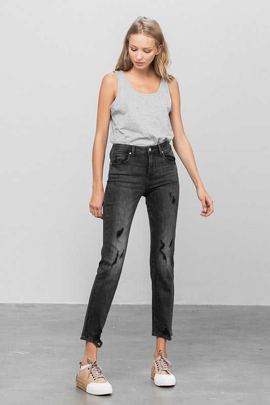 Mid Rise Distressed Straight Jeans