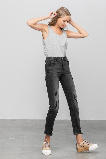 Mid Rise Distressed Straight Jeans