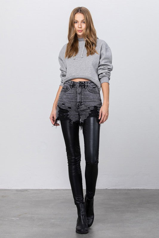 
                  
                    HIGH RISE LEATHER COMBO DENIM PANTS
                  
                