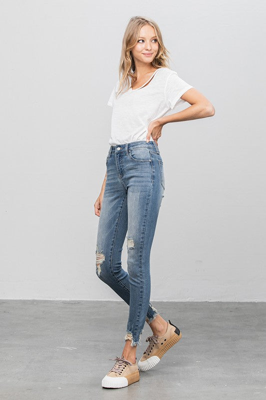 Distressed Raw Hem Skinny Jeans