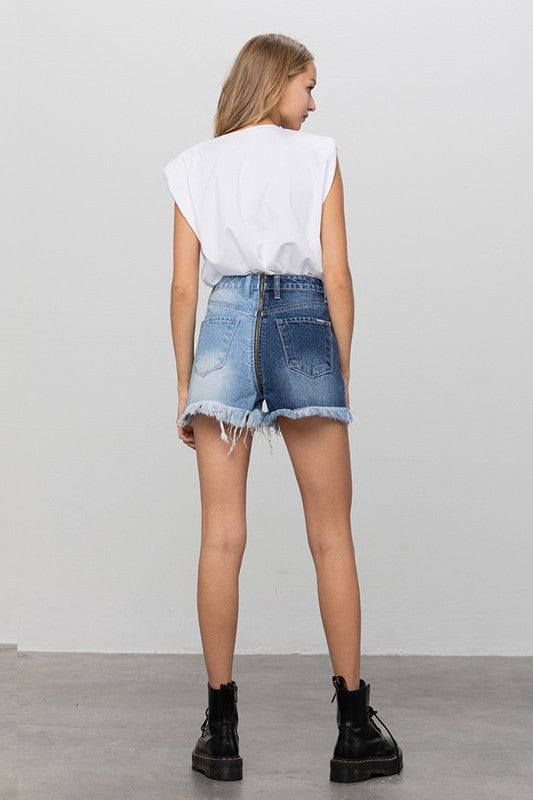 
                  
                    Long Fray Two Tone Denim Shorts
                  
                