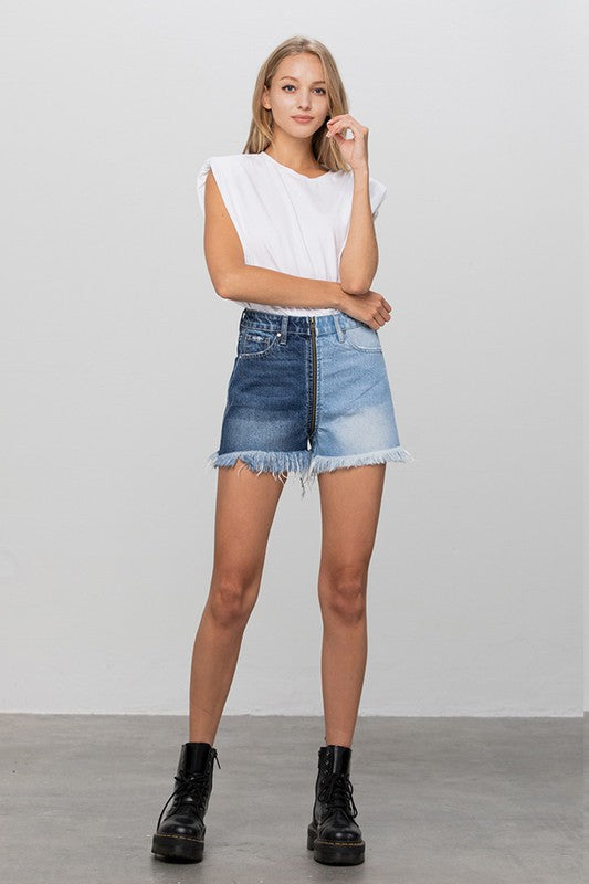 
                  
                    Long Fray Two Tone Denim Shorts
                  
                