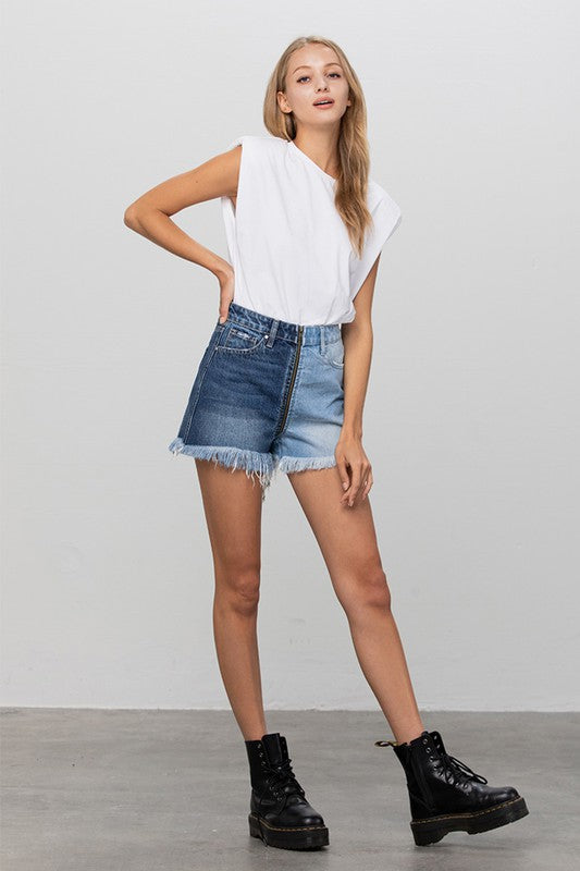 
                  
                    Long Fray Two Tone Denim Shorts
                  
                