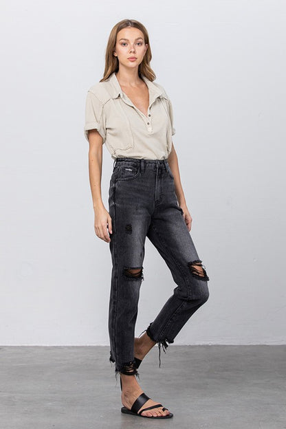 High Rise Ripped Frayed Hem Mom Jeans