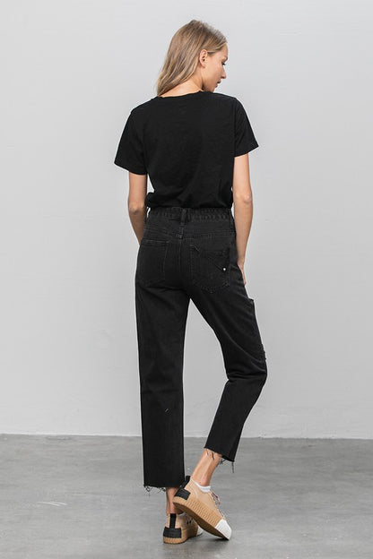 High Waist Ripped Raw Hem Crop Straight Jeans