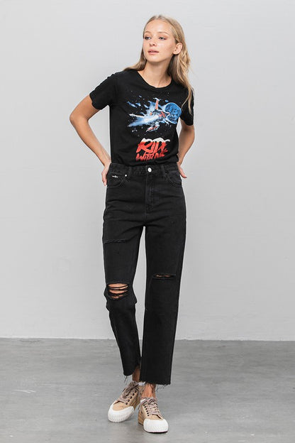 High Waist Ripped Raw Hem Crop Straight Jeans