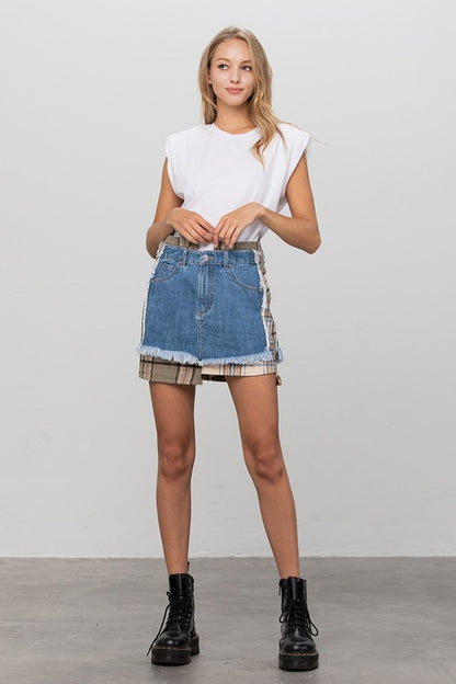 Plaid Checker Mini Denim Skirt