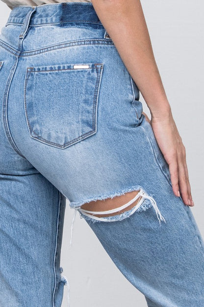 High Waist Ripped Frayed Hem Tapered Jeans