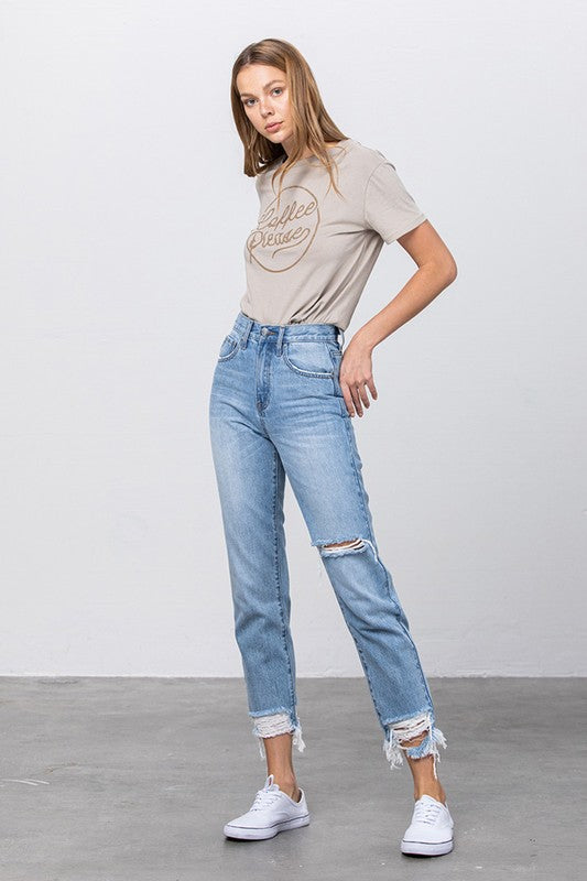 High Waist Ripped Frayed Hem Tapered Jeans