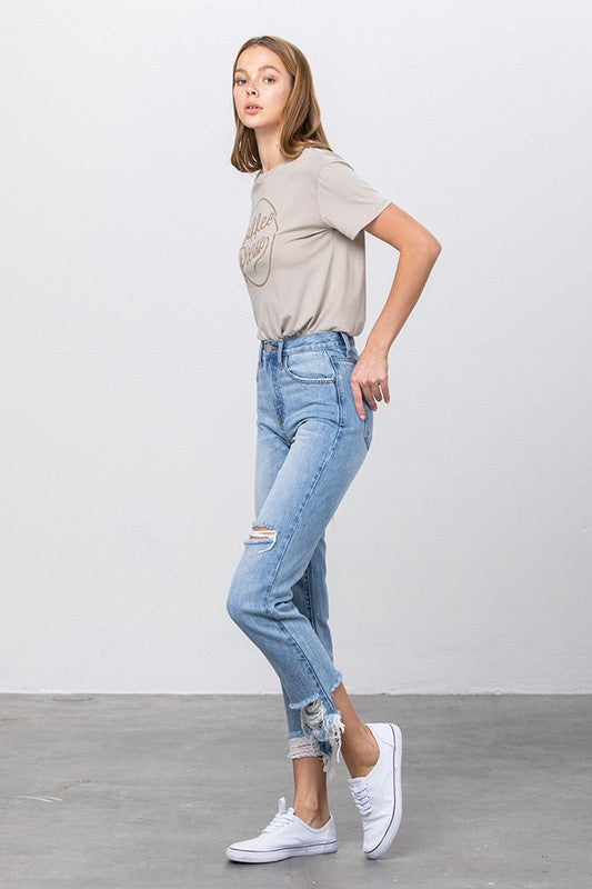 High Waist Ripped Frayed Hem Tapered Jeans