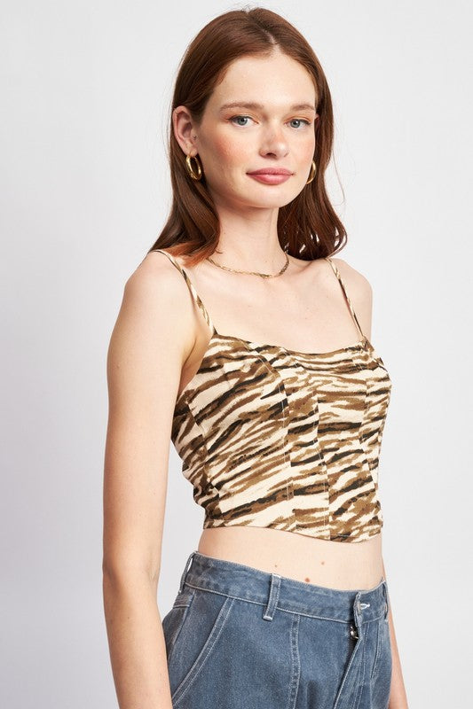 
                  
                    PRINTED SPAGHETTI STRAP BUSTIER TOP
                  
                