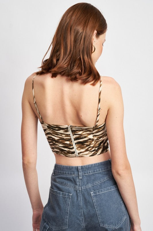 
                  
                    PRINTED SPAGHETTI STRAP BUSTIER TOP
                  
                