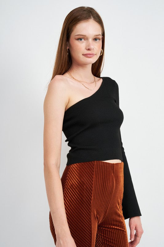 
                  
                    ONE SHOULDER FLARED SLEEVE TOP
                  
                