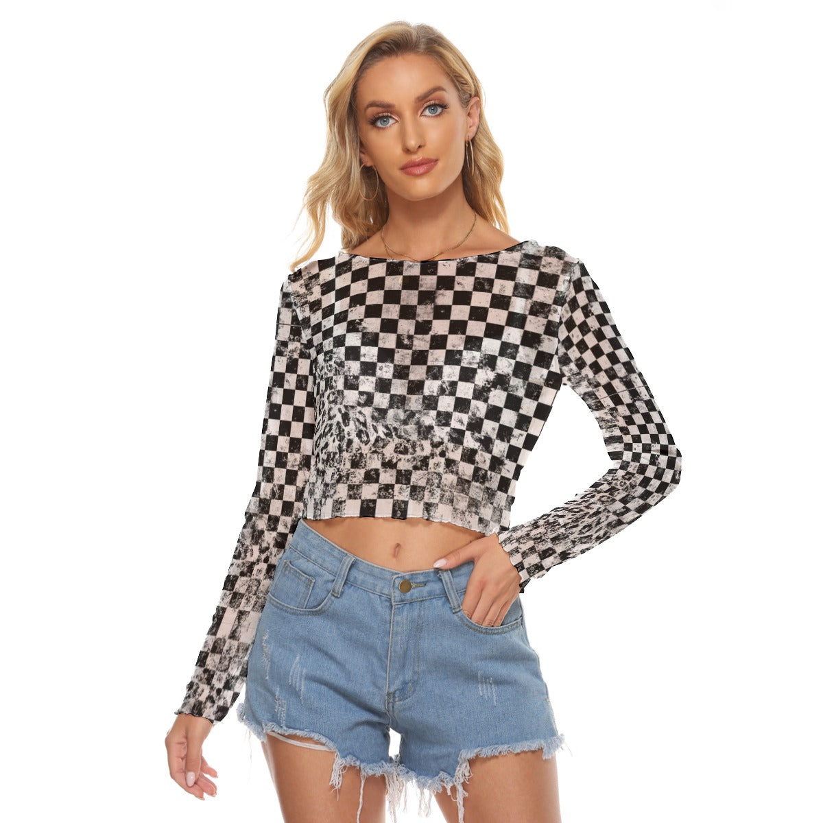 Warped Checkers Long Sleeve Mesh Top