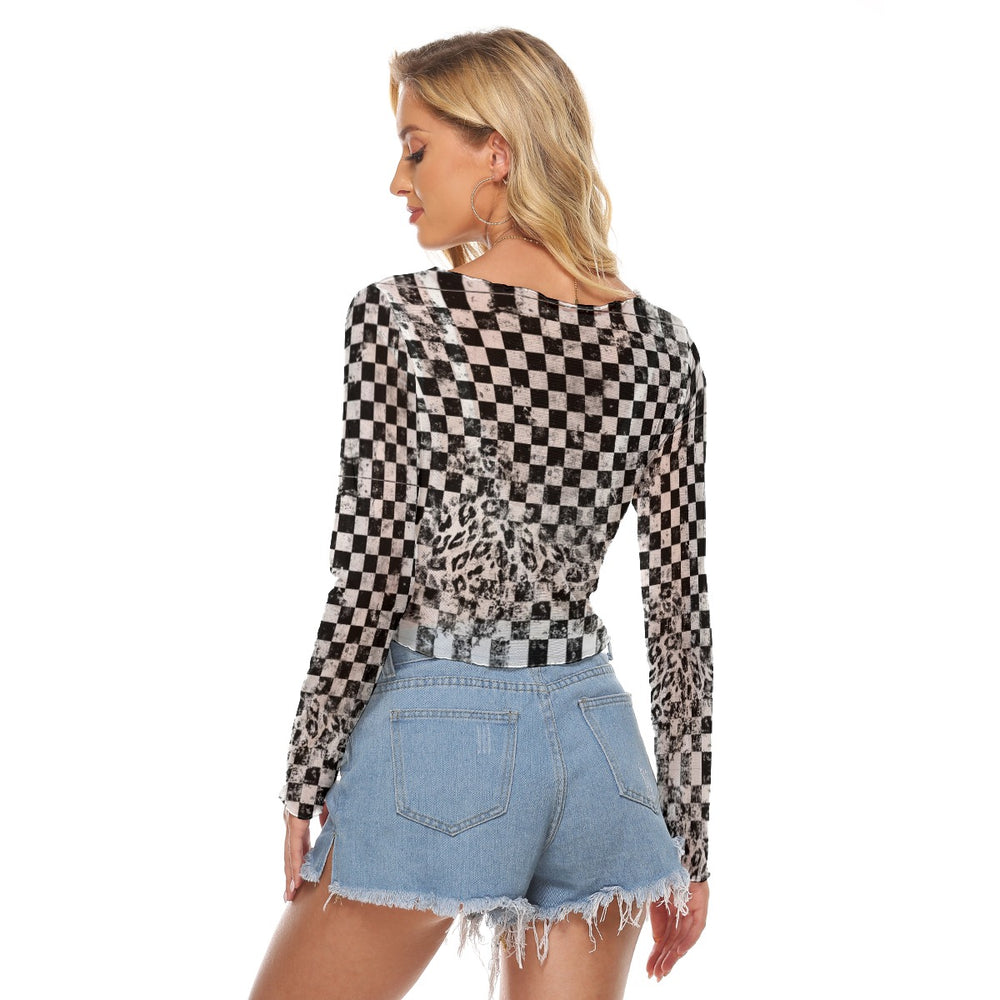 Warped Checkers Long Sleeve Mesh Top