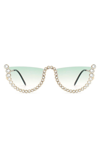 Half Frame Rhinestone Round Fashion Sunglasses