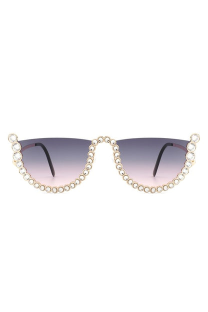 Half Frame Rhinestone Round Fashion Sunglasses