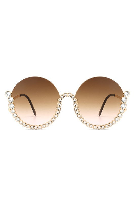 Half Frame Oversize Rhinestone Round Sunglasses