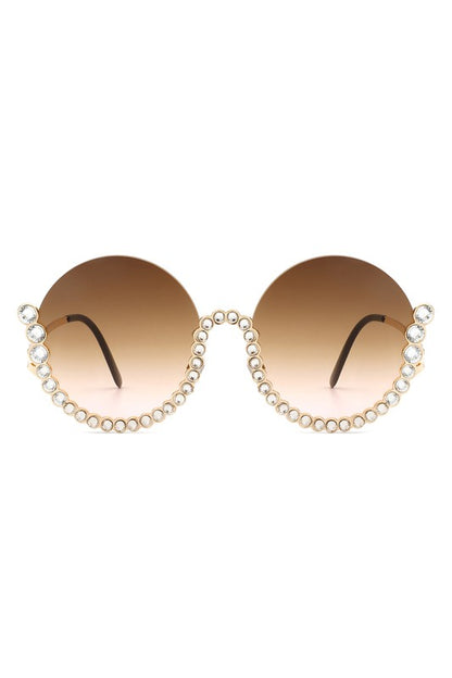 Half Frame Oversize Rhinestone Round Sunglasses