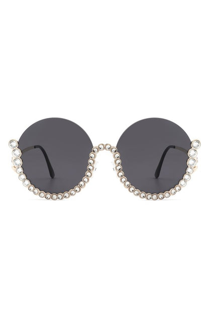 Half Frame Oversize Rhinestone Round Sunglasses