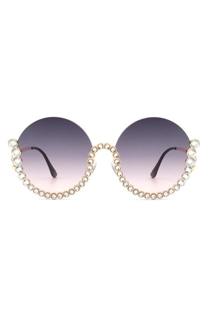 Half Frame Oversize Rhinestone Round Sunglasses