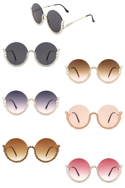 Half Frame Oversize Rhinestone Round Sunglasses