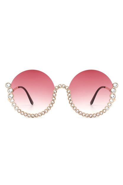 Half Frame Oversize Rhinestone Round Sunglasses