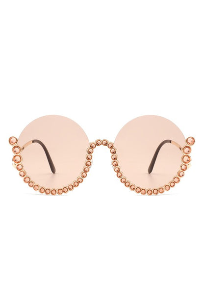 Half Frame Oversize Rhinestone Round Sunglasses