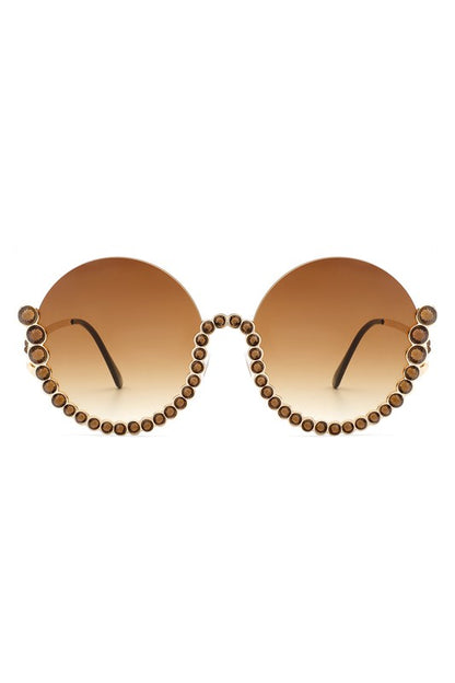 Half Frame Oversize Rhinestone Round Sunglasses