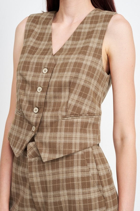 
                  
                    PLAID BUTTON UP VEST
                  
                