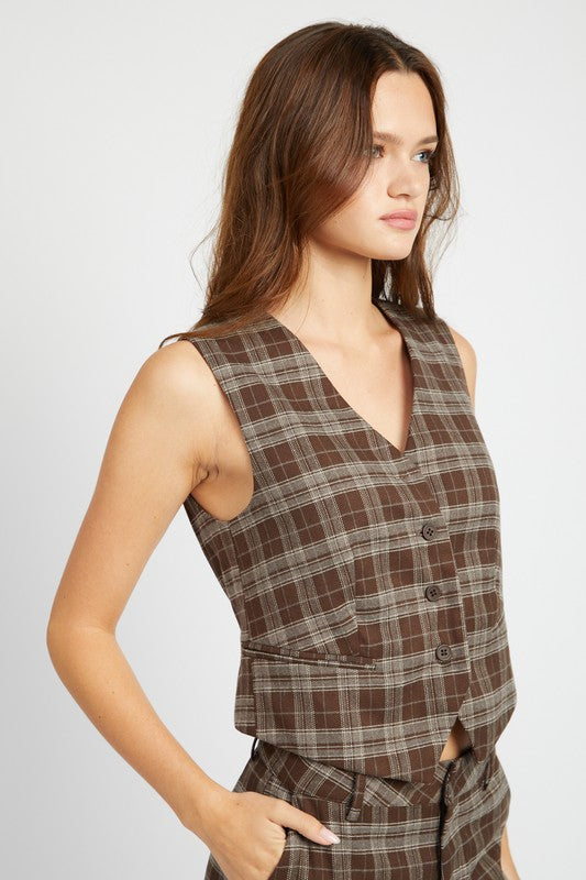 
                  
                    PLAID BUTTON UP VEST
                  
                