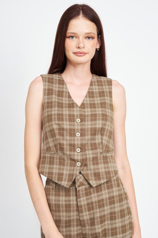 
                  
                    PLAID BUTTON UP VEST
                  
                