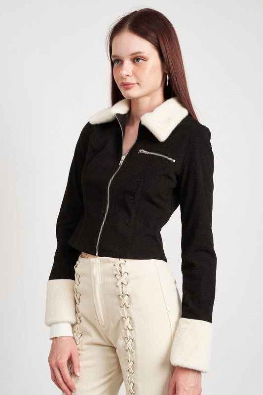 
                  
                    CONTRASTED COLLAR AND CUFF CROP JACKET
                  
                