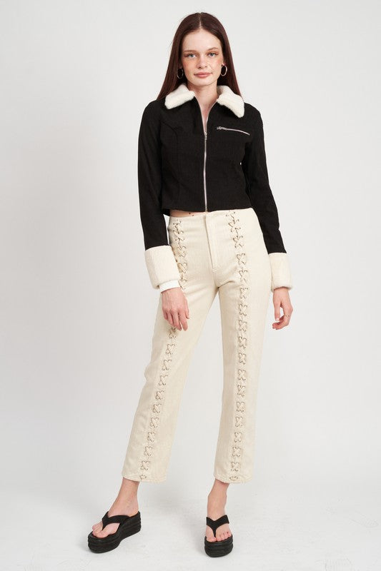 
                  
                    CONTRASTED COLLAR AND CUFF CROP JACKET
                  
                