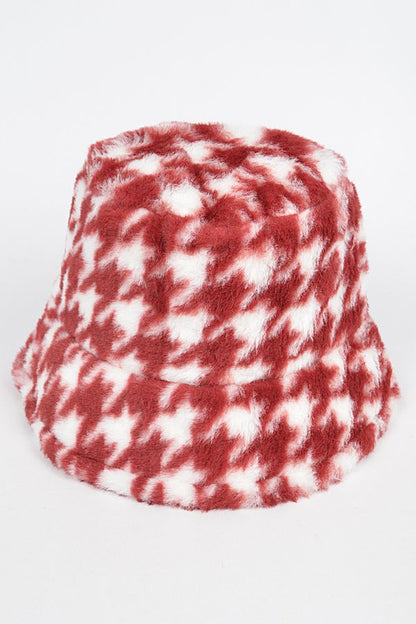 Houndstooth Print Faux Fur Bucket Hat