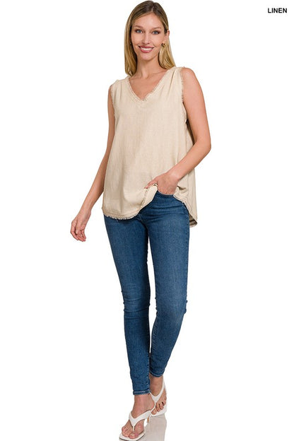 Linen Pre-Washed Frayed Edge V-Neck Sleeveless Top