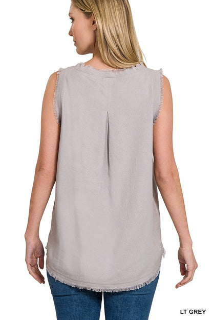 Linen Pre-Washed Frayed Edge V-Neck Sleeveless Top