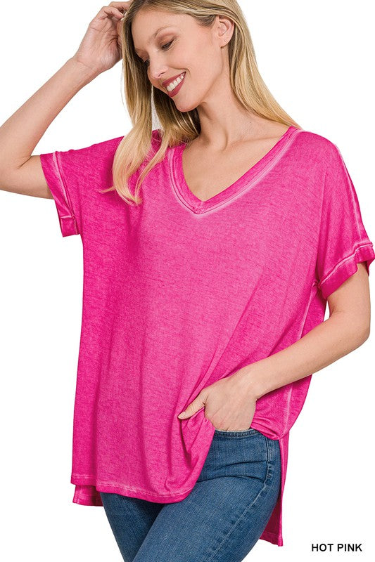 Washed Short Sleeve V-Neck Top W/ Hi-Low Hem